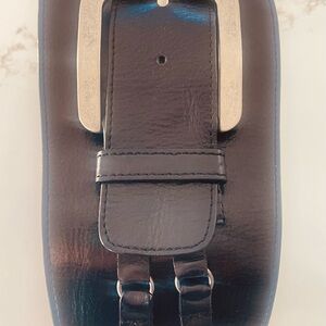 Sarah Pacini Black Leather Belt with Silver Buckle and dangling chains .